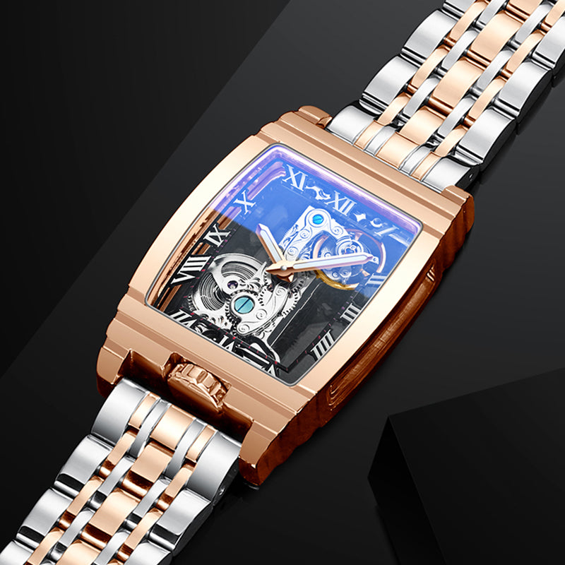 Rose-gold skeleton mechanical watch with two-tone metal bracelet and blue openwork dial