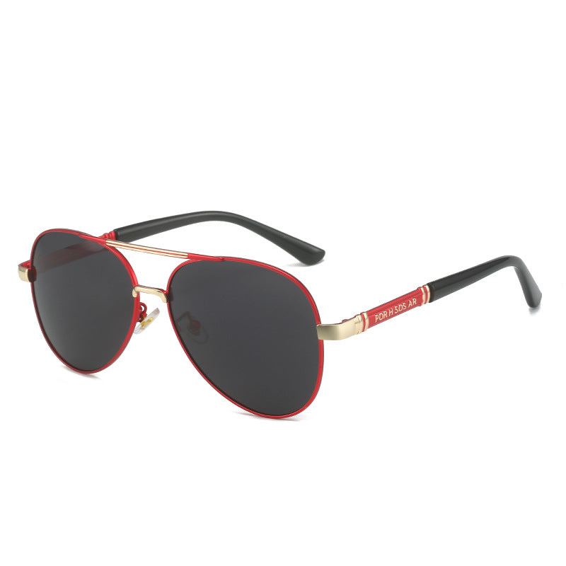Men’s photochromic sunglasses with red-trim frame and dark lenses
