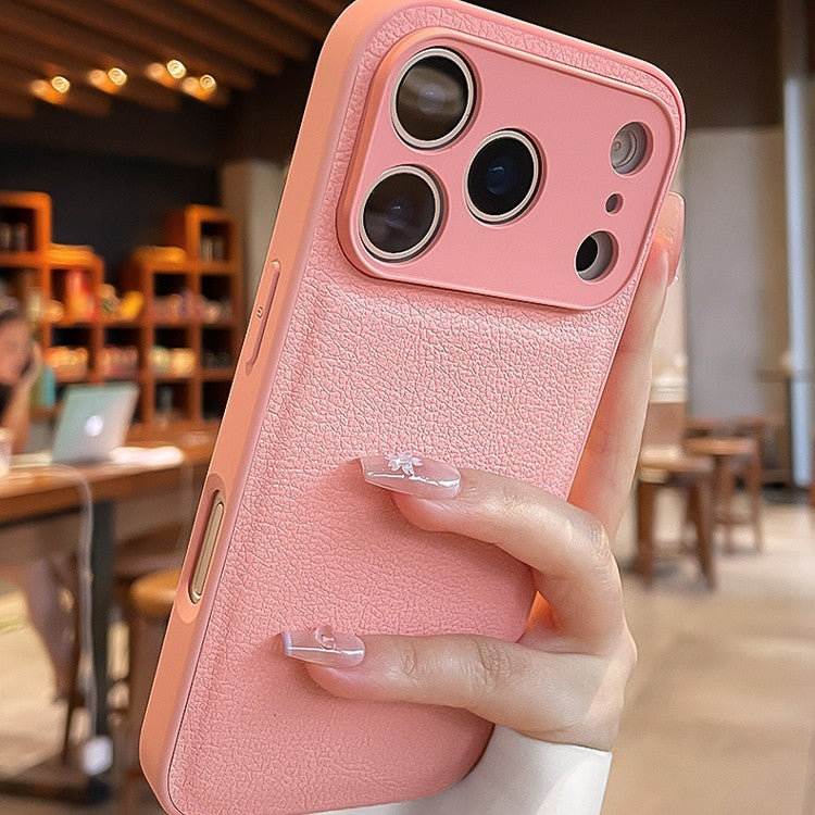 Pink textured phone case with raised camera bump and cutouts for lenses and flash.