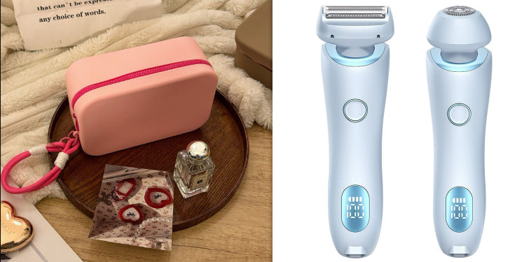 2-in-1 hair removal epilator in light blue with LED display, shown with pink case
