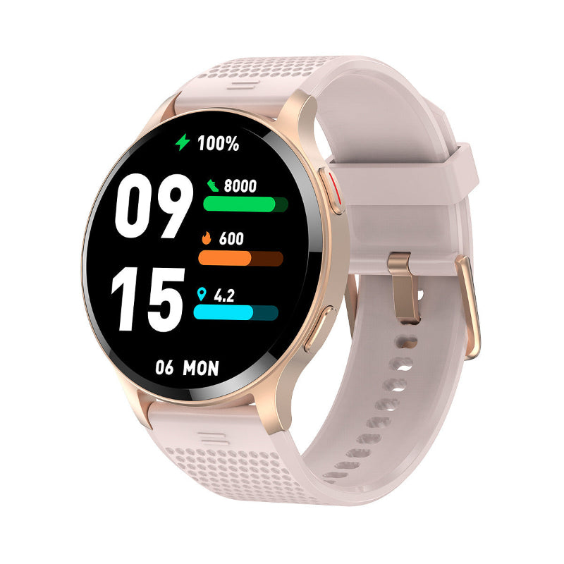 Rose gold smartwatch with black metrics screen and light silicone mesh strap