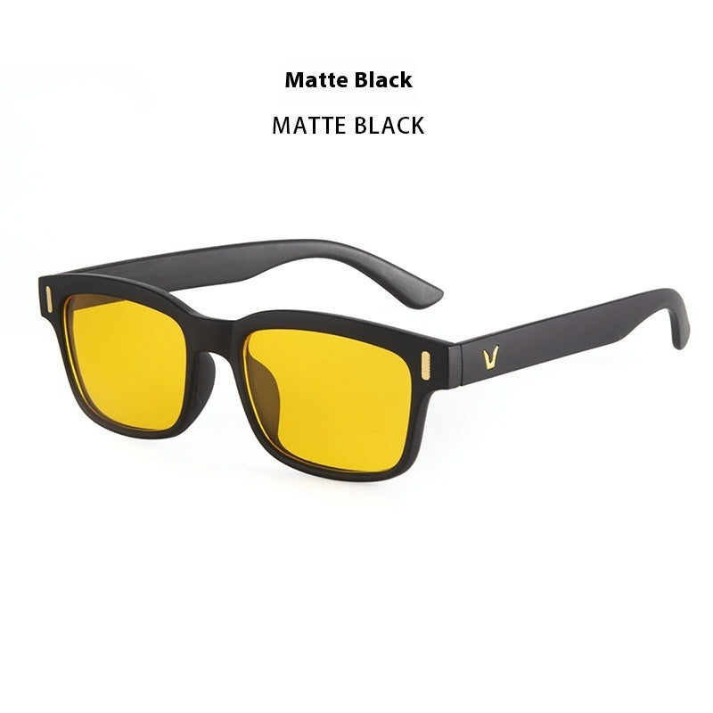 Rectangular sunglasses with matte black frame and yellow lenses