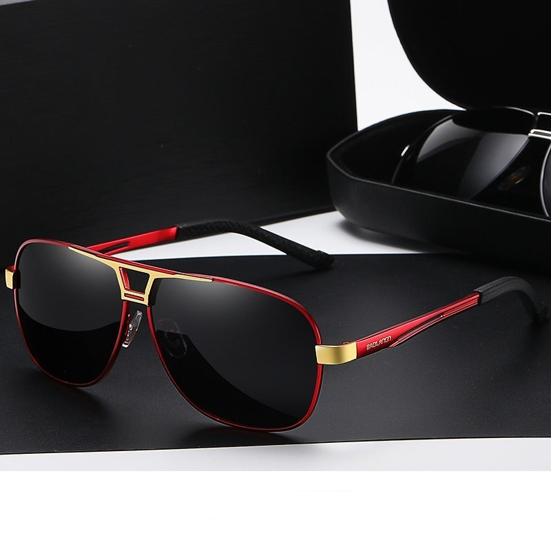 Polarized sunglasses with red frame and black lenses, silver hinges