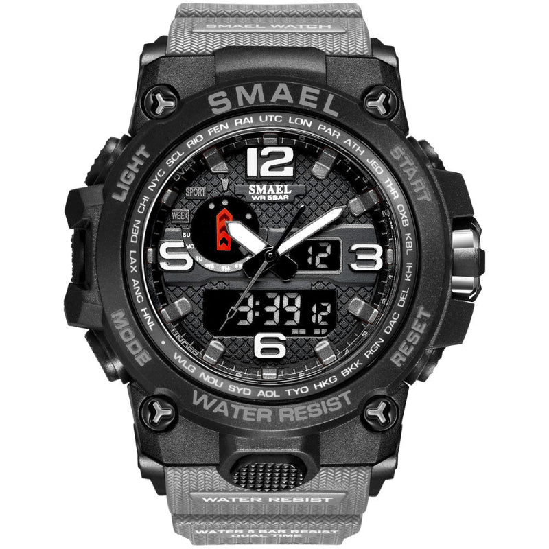 Men's sports alarm wristwatch with black case and gray strap, luminous digital display