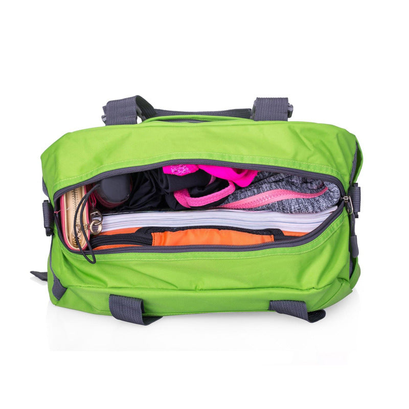 Yoga gym bag in lime green with open top showing inner compartments