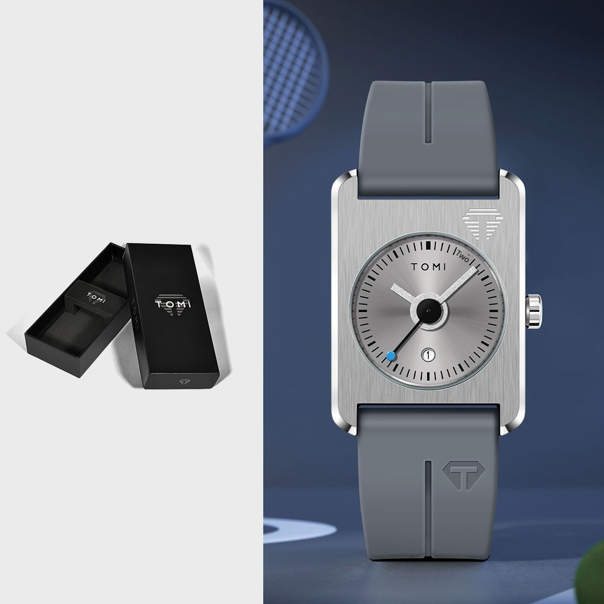 Unisex square quartz watch with calendar, light gray dial and silver case, gray silicone strap