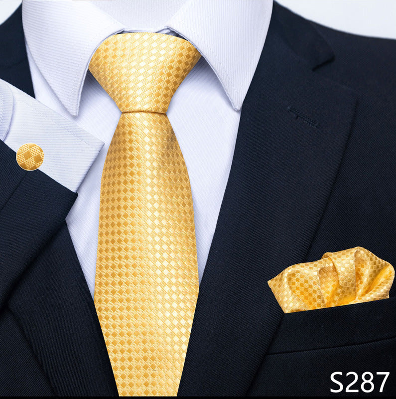 Men's formal tie scarf cuff buckle set in gold diamond weave with tie and matching pocket square