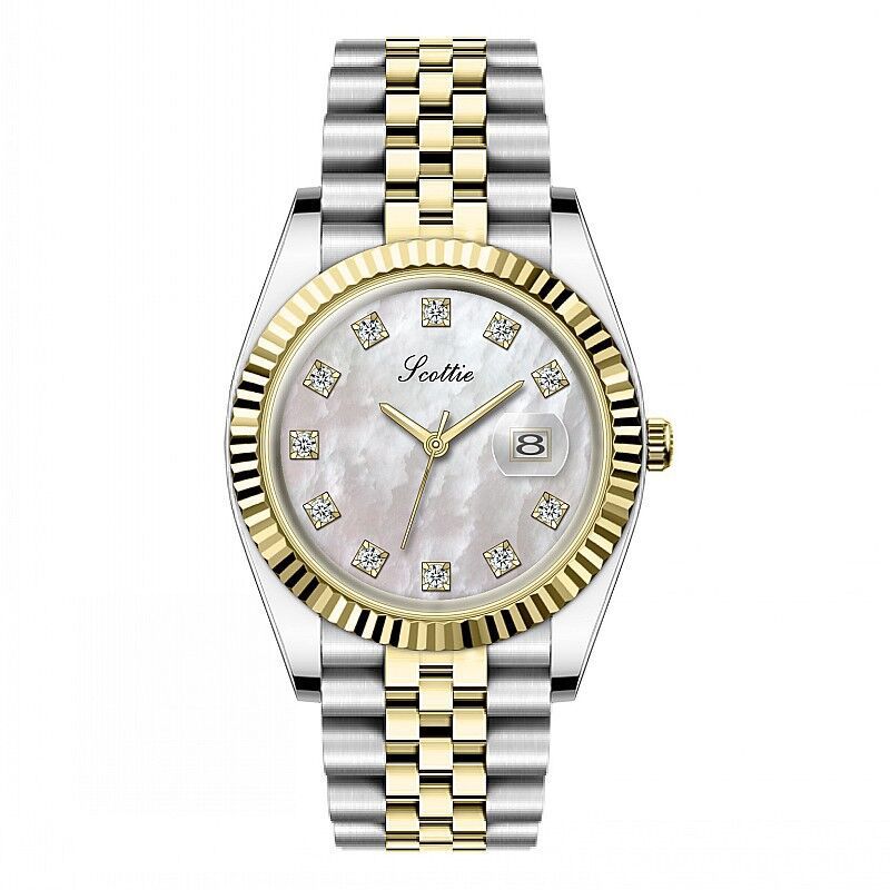 Women’s steel quartz watch with white dial, gold bezel, and two-tone link bracelet