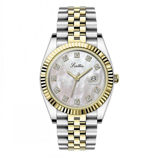 Two-tone watch with silver and gold band on a white background