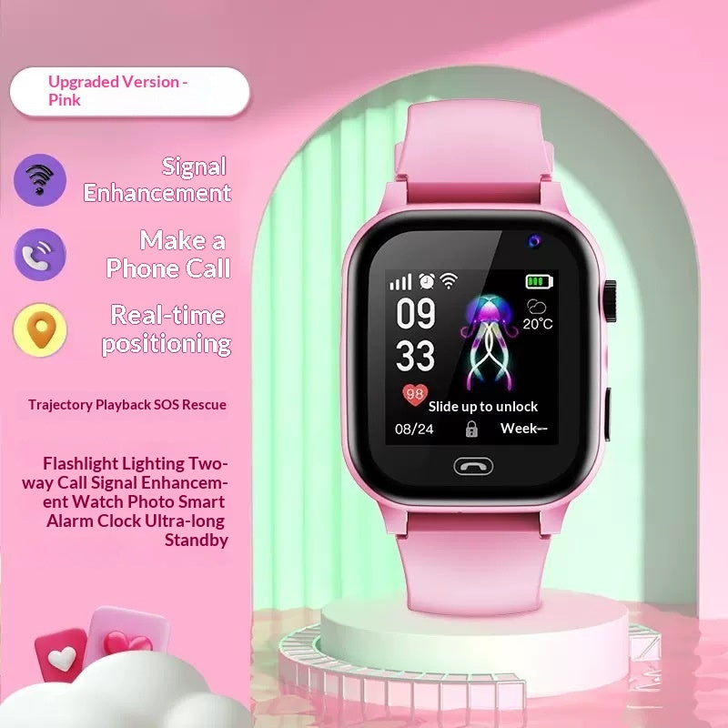 Kids smartwatch with pink silicone strap and black touch screen showing time and date