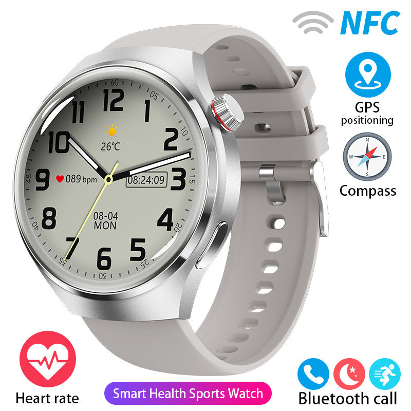 Silver-color round smartwatch with light gray silicone strap and pale analog-style watch face