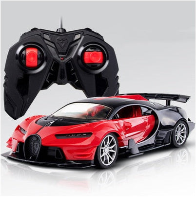 Remote control racing car toy with red body and black controller, white wheel rims.