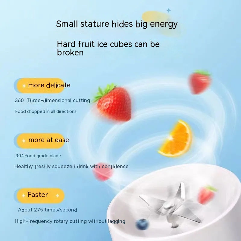 White mini juice blender cup with metal blade and clear lid, shown with fruit pieces
