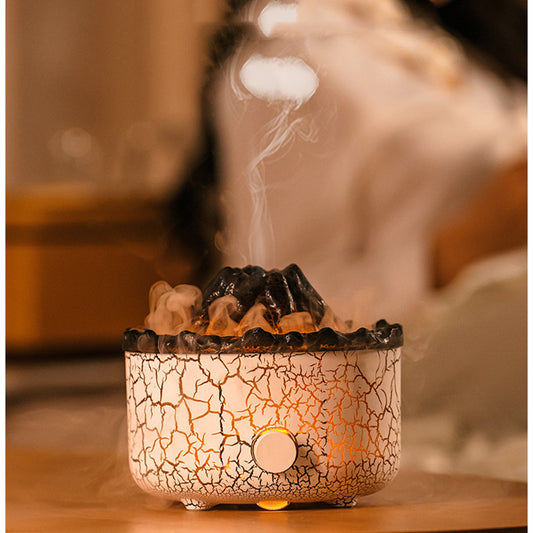 Ceramic incense burner with crackled design and smoke in a warm setting