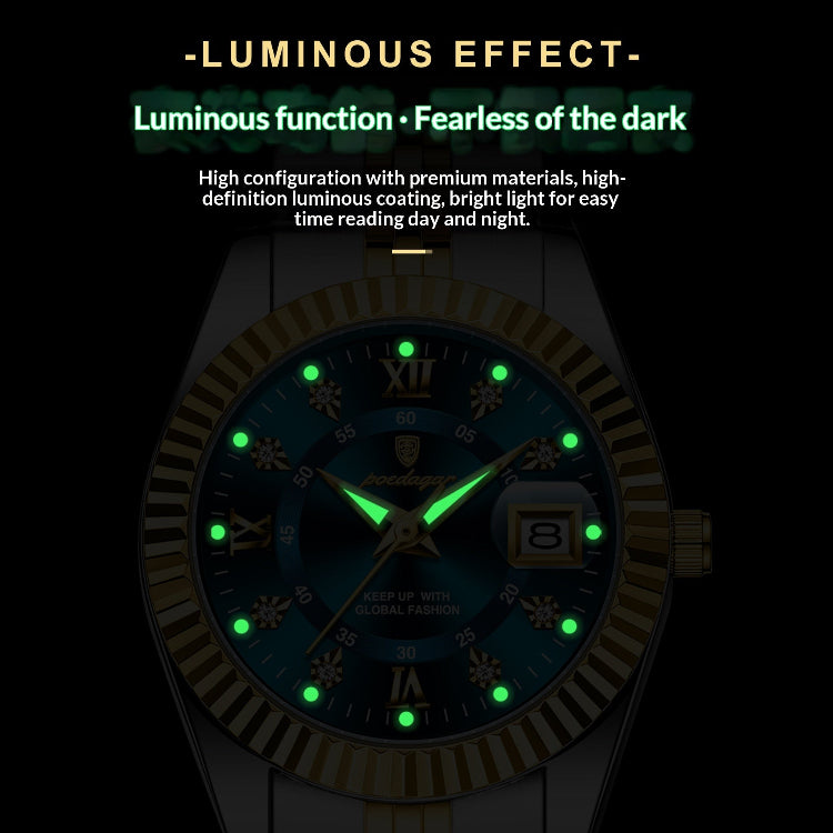 Luminous quartz watch with dark blue dial and glowing green hour markers