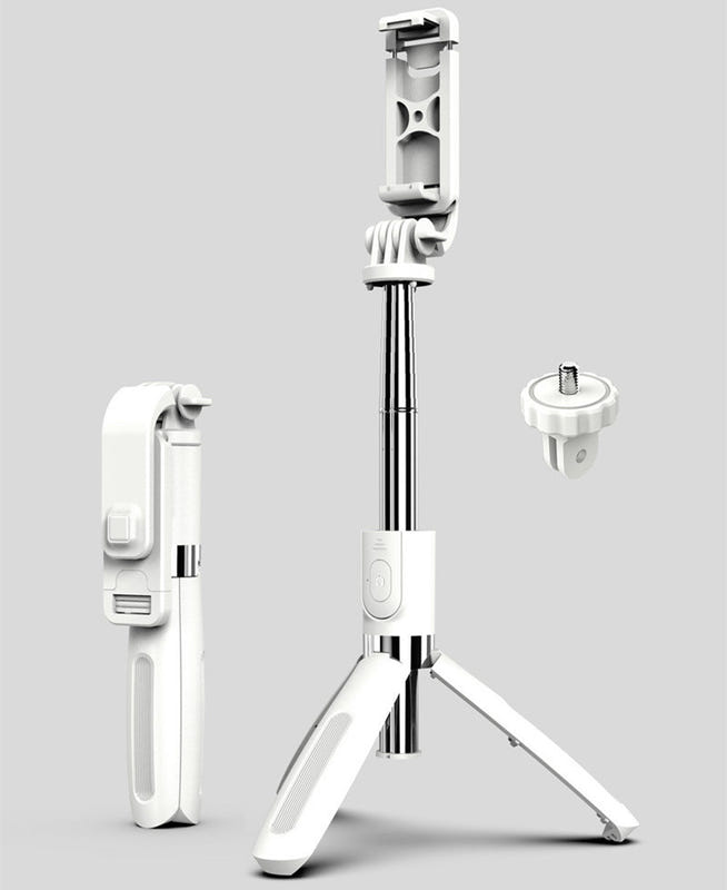 White selfie mobile stick with extendable pole, phone holder, and foldable tripod legs