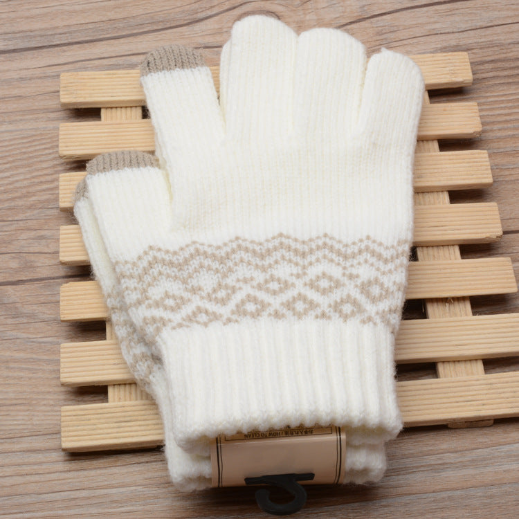 White knit gloves with brown fair-isle band on cuffs; touchscreen fingertips