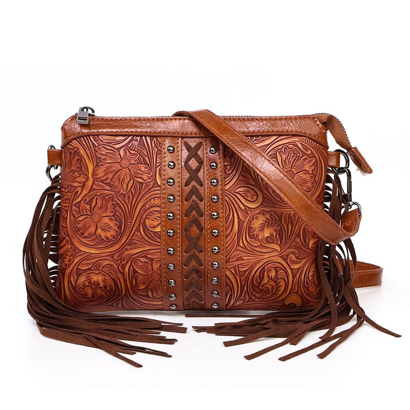 Women's crossbody bag, rust brown embossed PU with X-laced center stripe and fringe