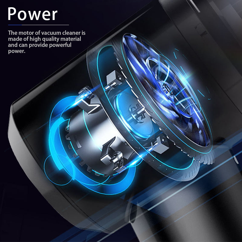 Wireless car vacuum cleaner airflow fan graphic with blue swirling suction system