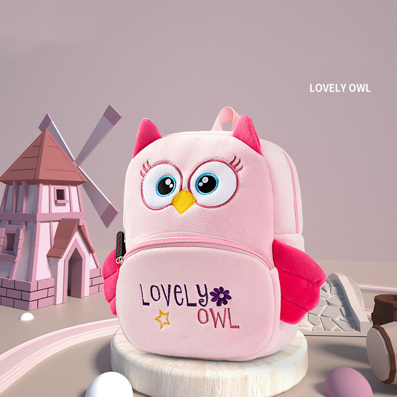 Plush small school bag with pink owl face, white front panel, zip pocket