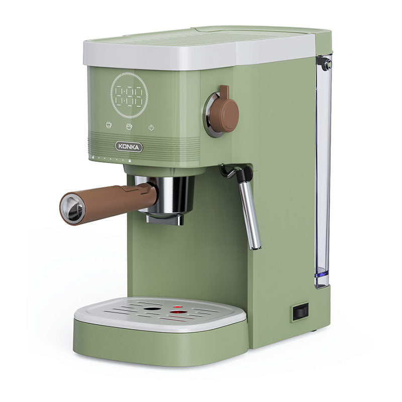 Green countertop coffee maker with front brew spout, circular control knob, drip tray