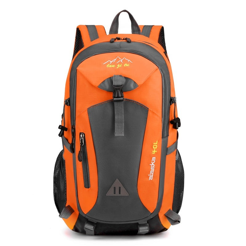 Outdoor polyester backpack in orange and dark gray with front zip pocket and padded straps.