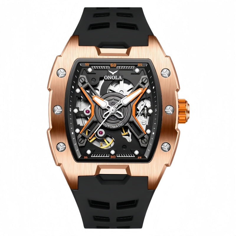 Men's automatic mechanical watch, black silicone strap, rose-gold-toned case