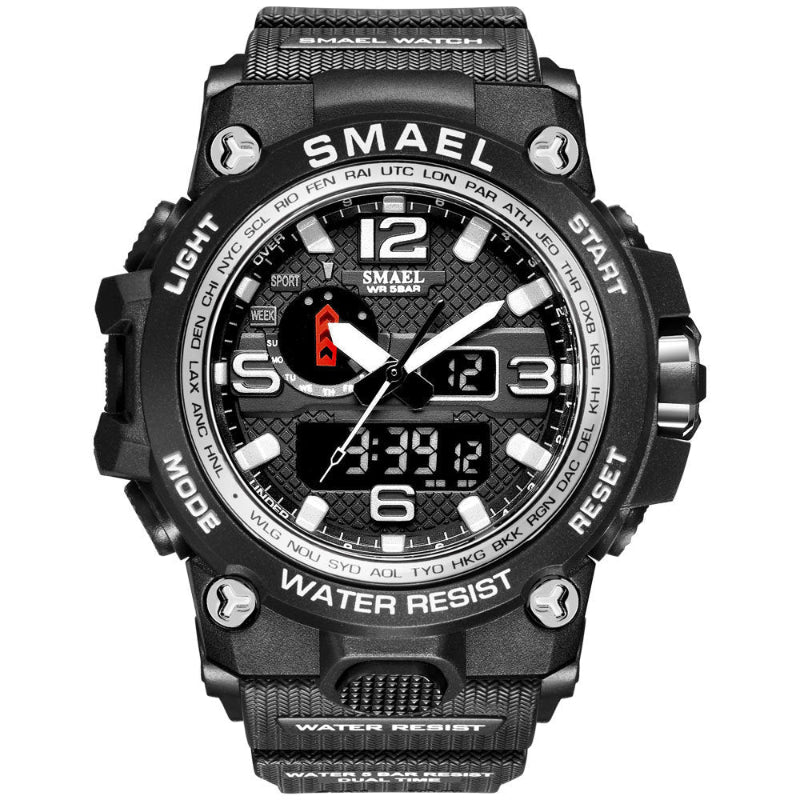 Men's sports alarm wristwatch with black case and black strap, luminous digital face