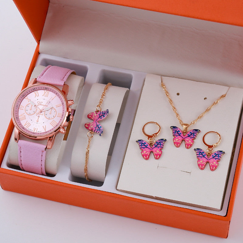 Ladies quartz watch set in box: pink strap watch, colorful butterfly charm jewelry with rings