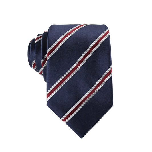 Navy blue tie with red and white stripes on a white background