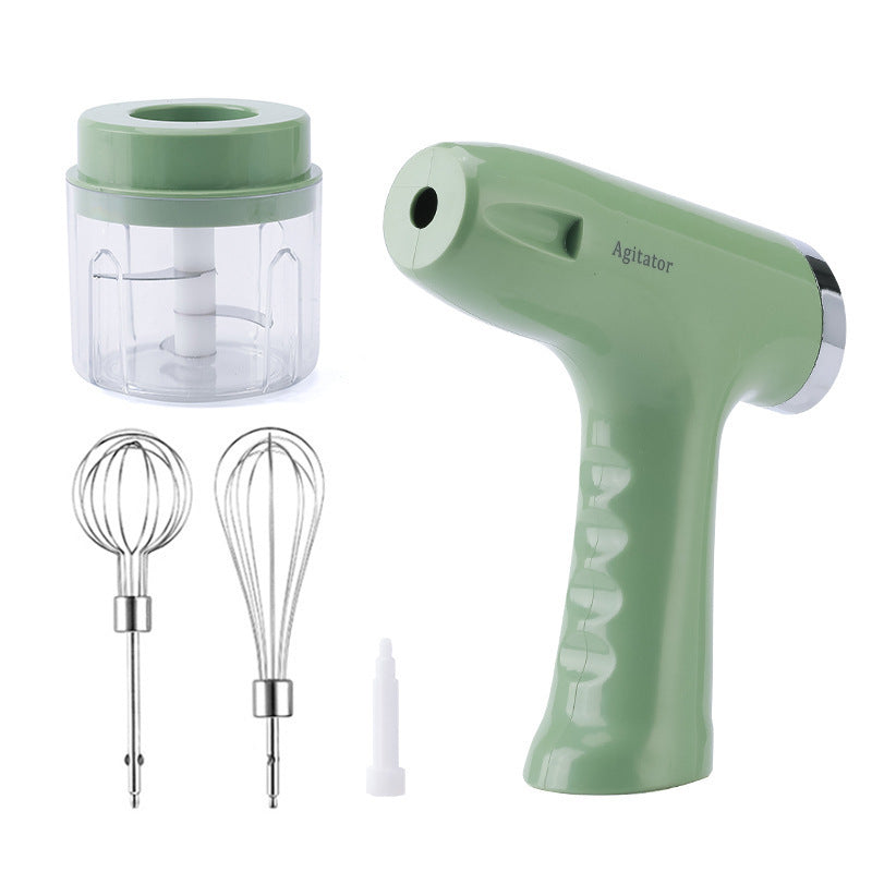 Electric whisk hand blender set in green with wire whisk beaters and mixing cup container