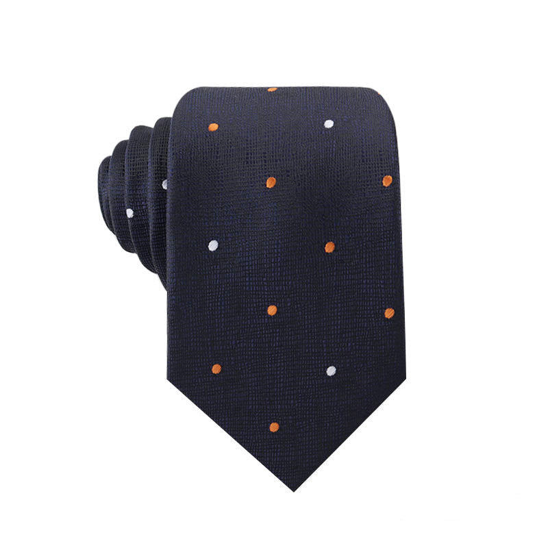Men's necktie with dark navy base and multicolor dot pattern