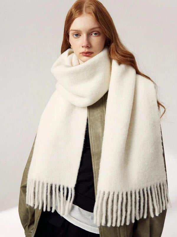Women's wool-like scarf, cream/white with tasseled fringe trim