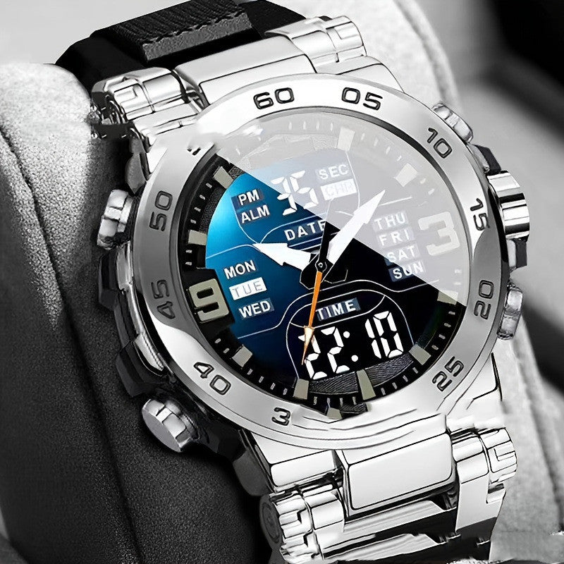 Waterproof electronic sports watch with silver metal bracelet and black dial display