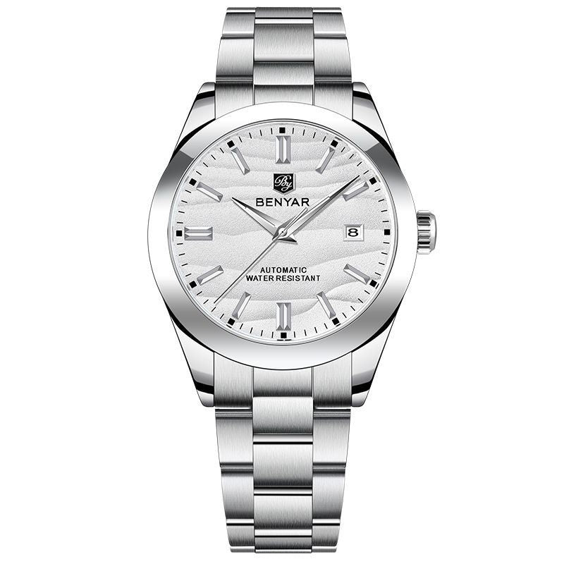 Men's automatic watch with white dial and silver metal bracelet