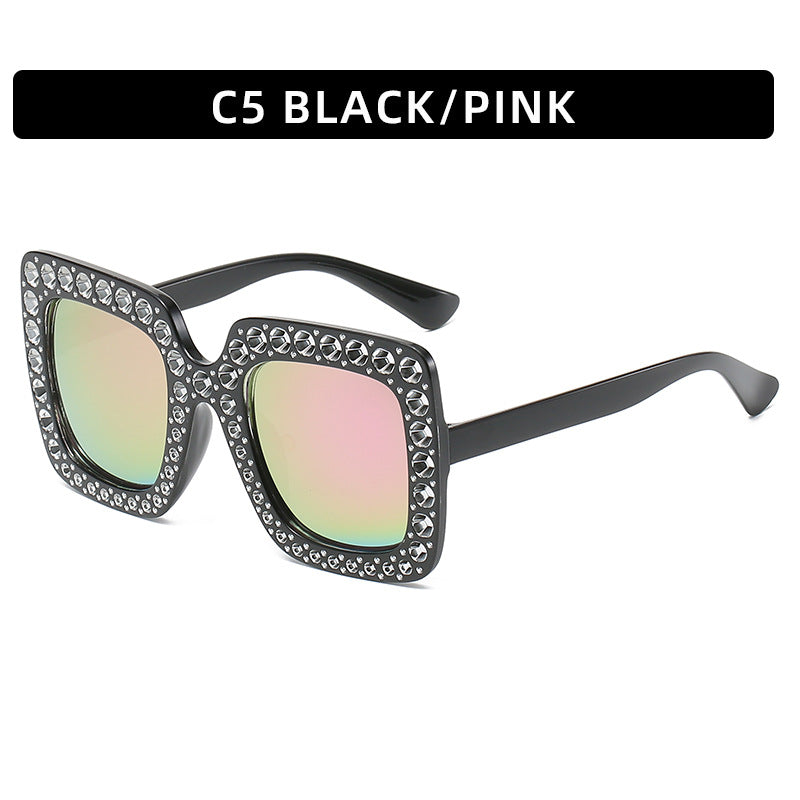 Women's square rhinestone sunglasses, black frame with iridescent rainbow lenses