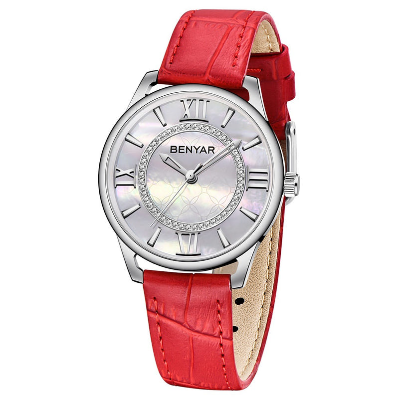 Quartz watch with red leather strap, silver case, white-toned dial, Roman numerals, BENYAR
