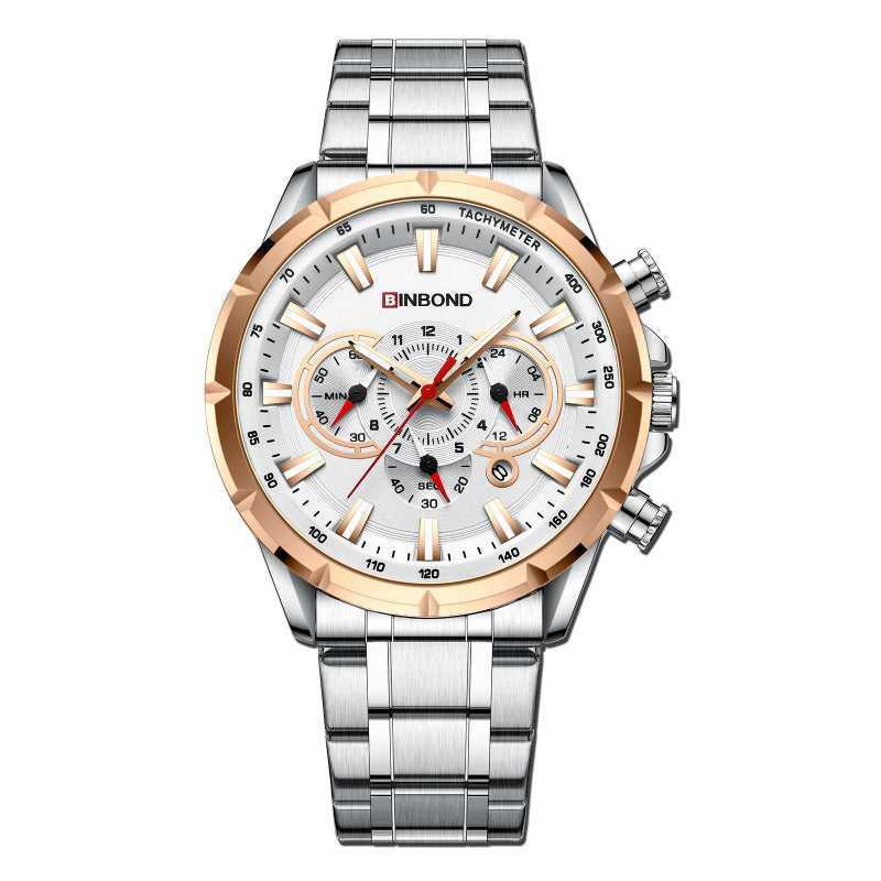 Men's tactical waterproof luminous watch with rose-gold bezel, white dial, metal bracelet