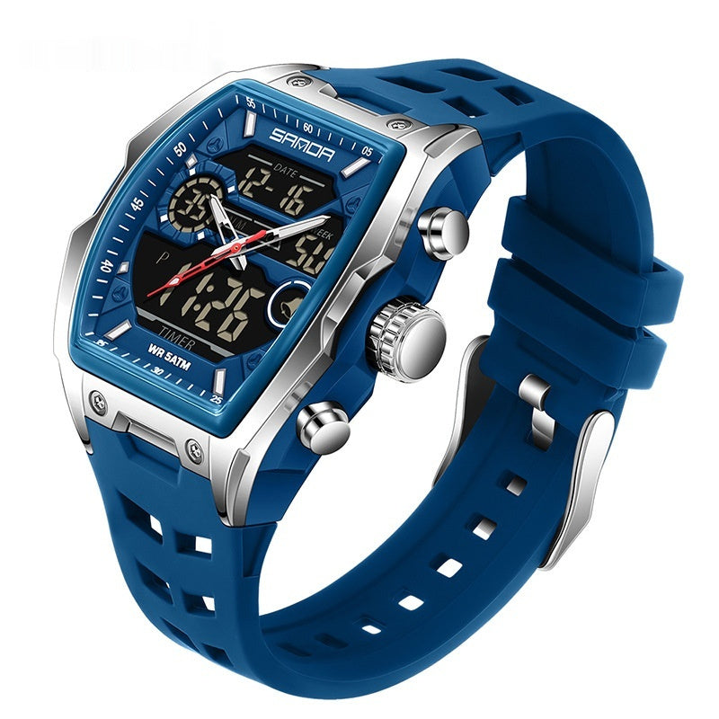 Multifunctional sports electronic watch, blue dial, silver bezel, blue silicone strap