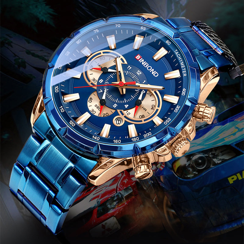 Blue dial tactical watch with gold bezel and blue metal bracelet, visible multi-dial