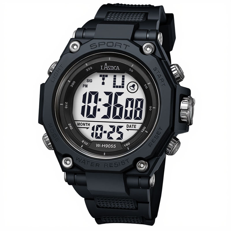 Black sports watch with large round digital display, rugged bezel, textured silicone strap