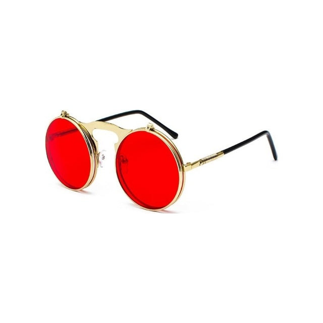 Round flip-up sunglasses with gold frame and red mirror lenses