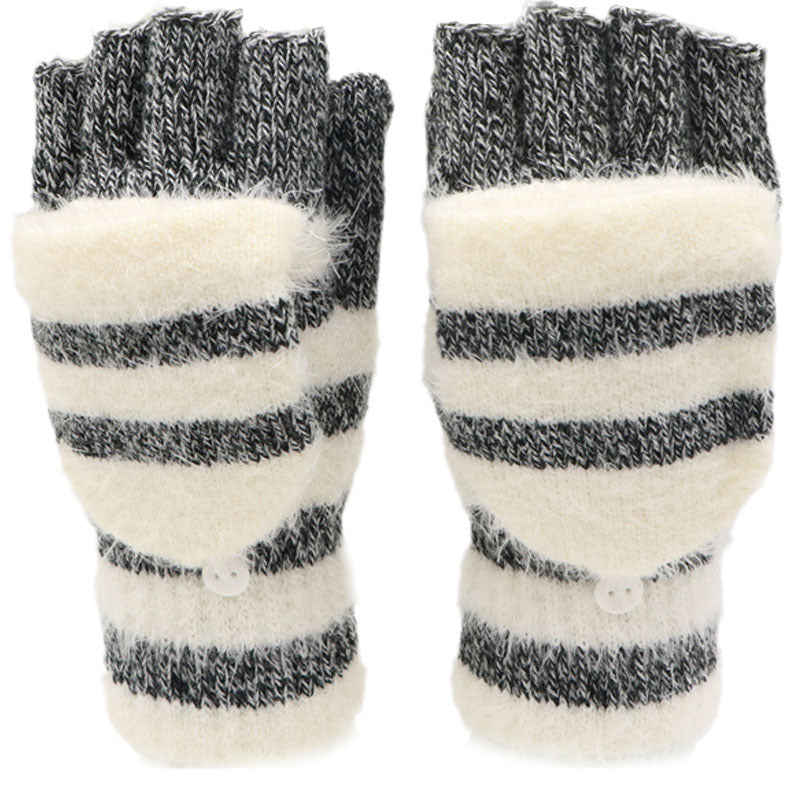 Knit flip half-finger gloves with dark gray-and-cream striped pattern and open fingers