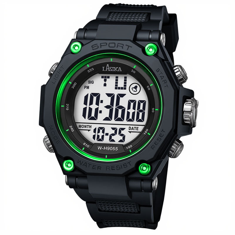 Black sports watch with large round digital display and green accent screws, silicone strap
