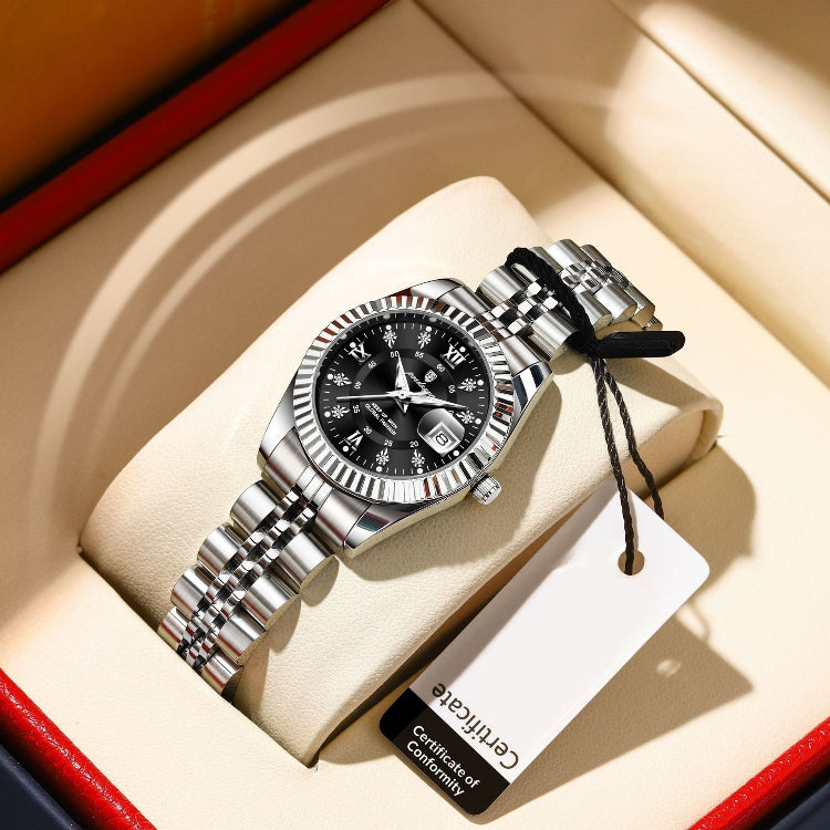 Stainless steel quartz watch with black dial and metal link bracelet