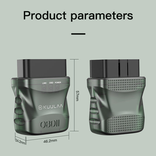 KUULAA OBDII diagnostic tool with dimensions on a light gray background. YAXSO STORE