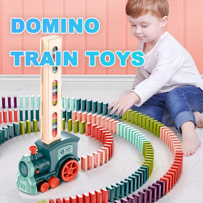 Domino train puzzle toy with colorful track and green base locomotive