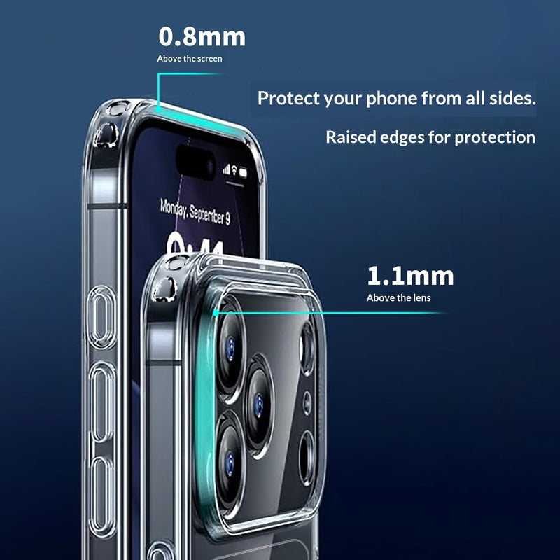 Clear iPhone case with raised edges for screen and camera protection