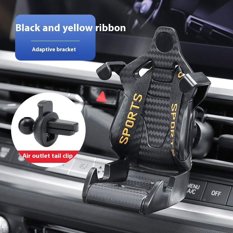 Racing seat car phone holder with black and yellow ribbon accents, air outlet tail clip
