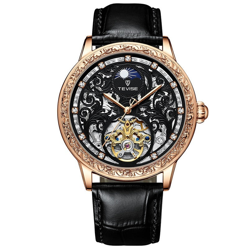 Rose-gold mechanical skeleton watch with black leather strap, front view
